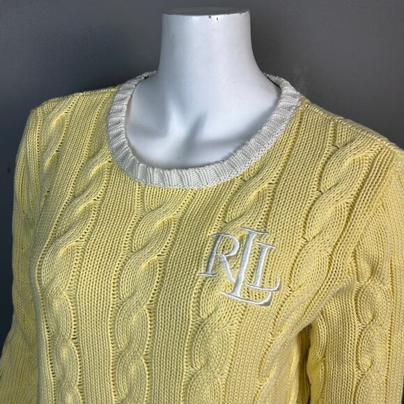 Lauren Ralph Lauren sweater Large Varsity Cable Knit Monogram Logo Yellow Cotton - Picture 1 of 10